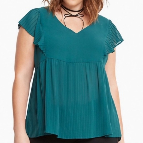 torrid Tops - Teal V-Neck Pleated Flutter Sleeve Women's Top